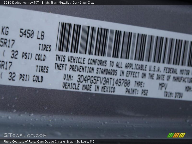 Bright Silver Metallic / Dark Slate Gray 2010 Dodge Journey SXT