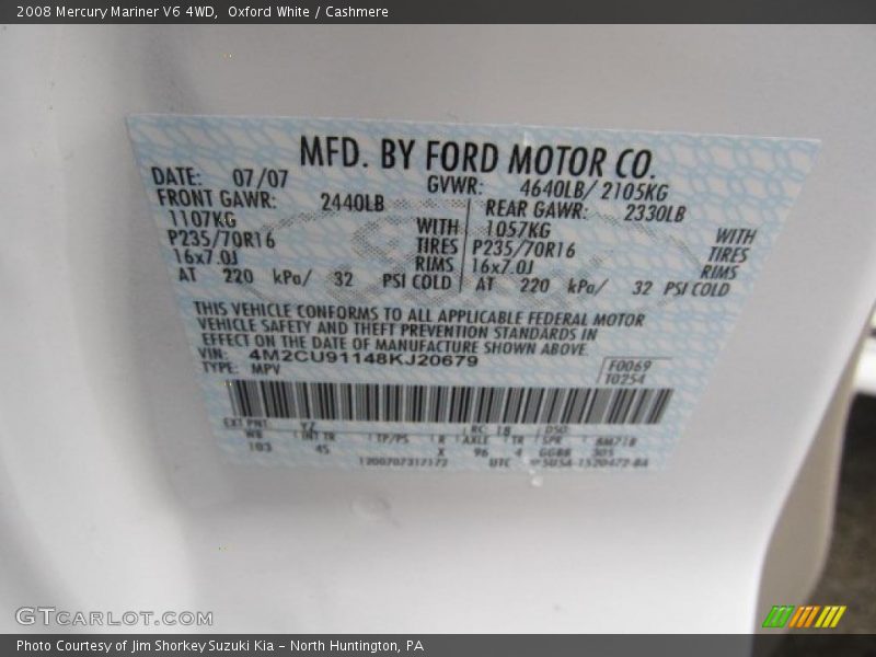 Oxford White / Cashmere 2008 Mercury Mariner V6 4WD