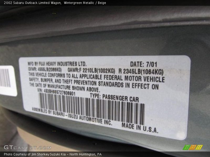 Wintergreen Metallic / Beige 2002 Subaru Outback Limited Wagon