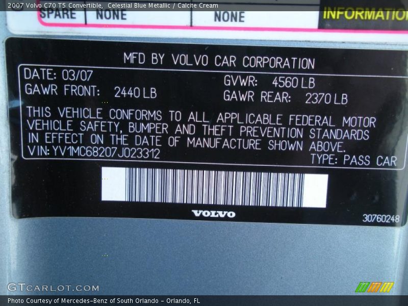 Info Tag of 2007 C70 T5 Convertible