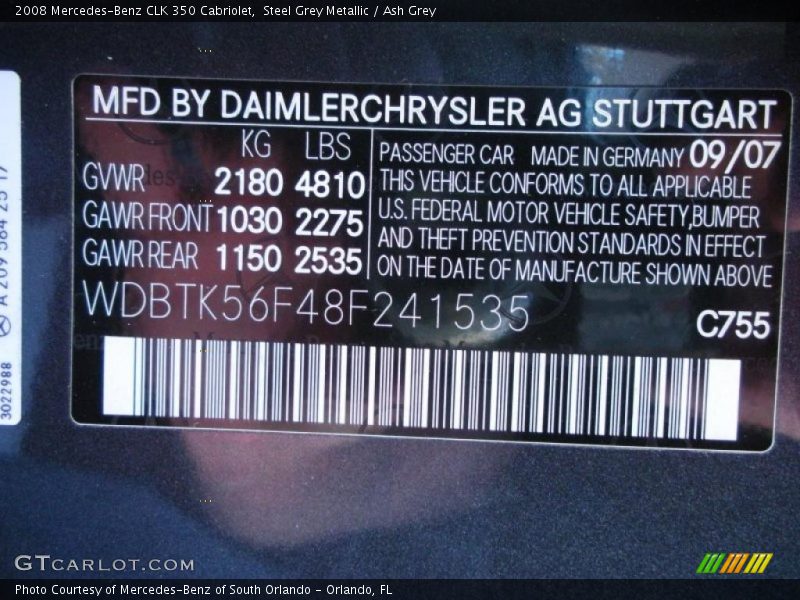 Steel Grey Metallic / Ash Grey 2008 Mercedes-Benz CLK 350 Cabriolet