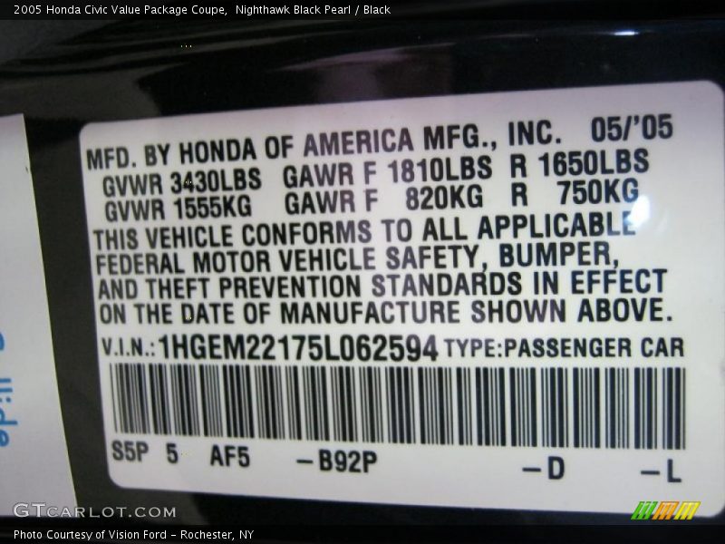 2005 Civic Value Package Coupe Nighthawk Black Pearl Color Code B92P