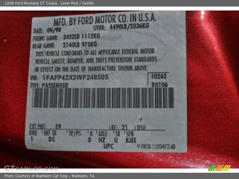 Laser Red / Saddle 1998 Ford Mustang GT Coupe