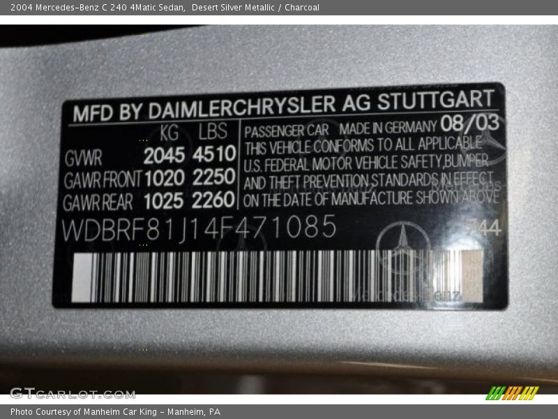 Desert Silver Metallic / Charcoal 2004 Mercedes-Benz C 240 4Matic Sedan