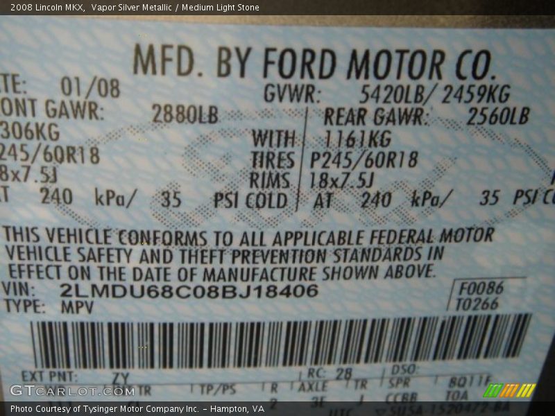 Vapor Silver Metallic / Medium Light Stone 2008 Lincoln MKX