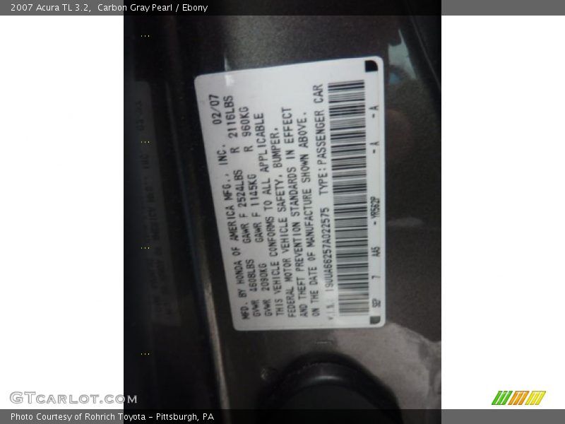 Carbon Gray Pearl / Ebony 2007 Acura TL 3.2