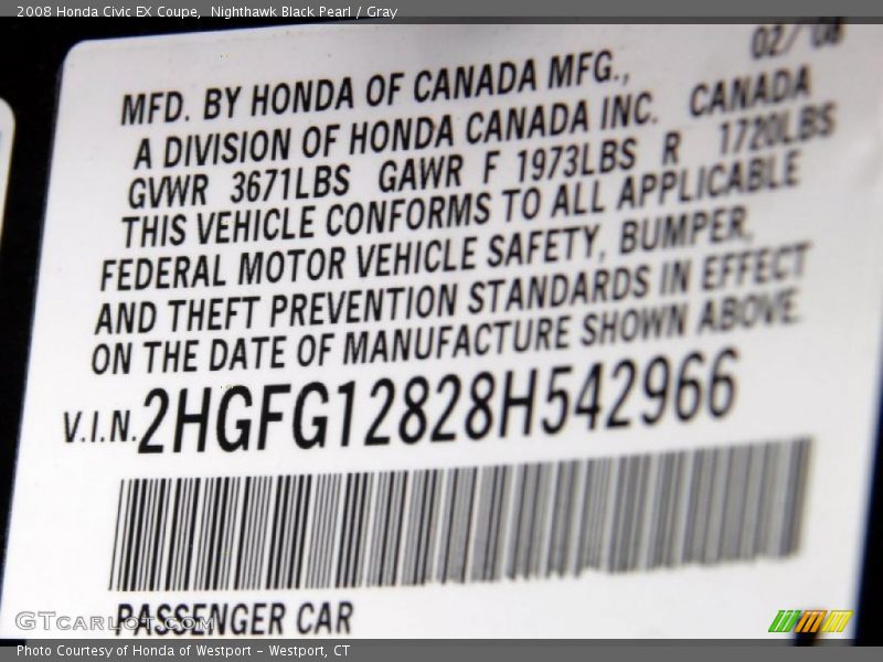 Nighthawk Black Pearl / Gray 2008 Honda Civic EX Coupe