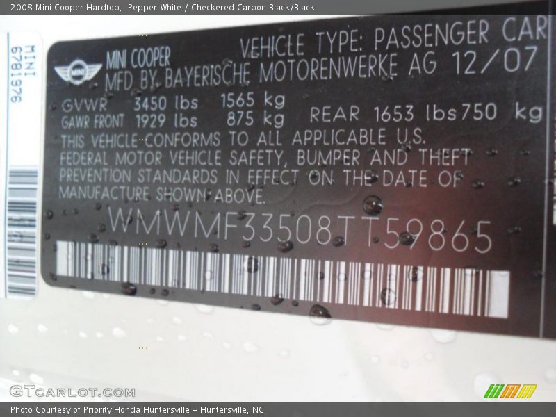 Pepper White / Checkered Carbon Black/Black 2008 Mini Cooper Hardtop
