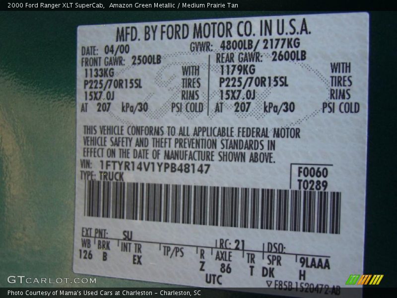 2000 Ranger XLT SuperCab Amazon Green Metallic Color Code SU