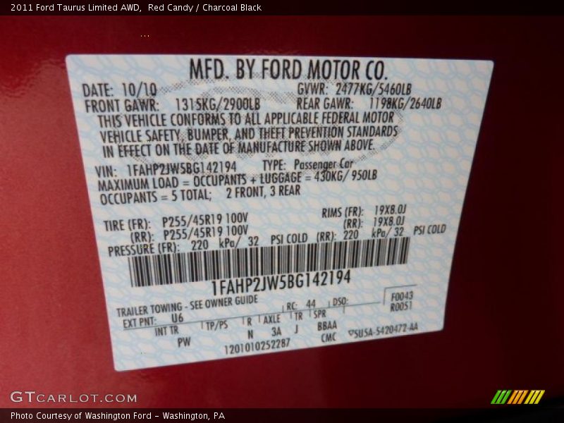 2011 Taurus Limited AWD Red Candy Color Code U6