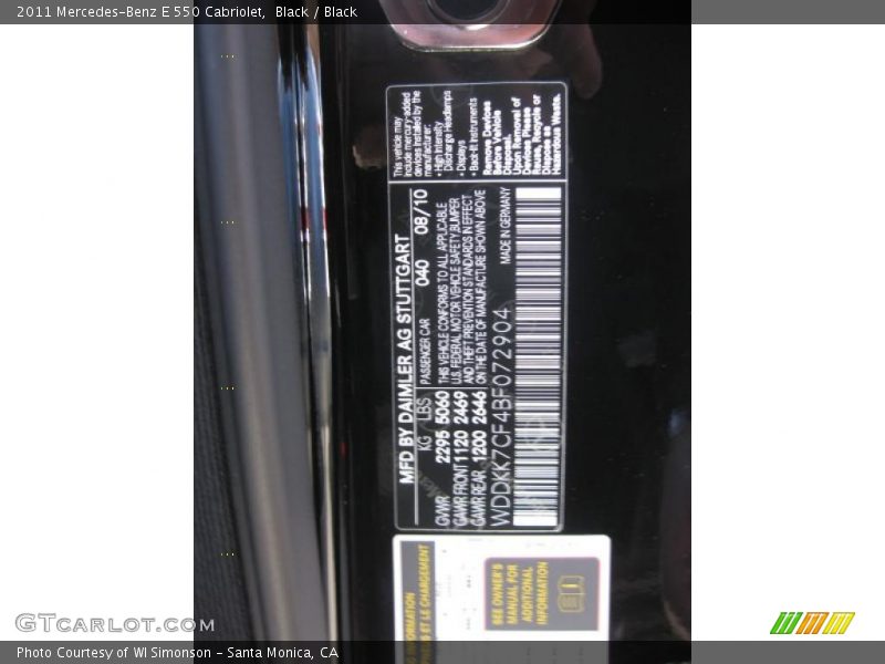 2011 E 550 Cabriolet Black Color Code 040