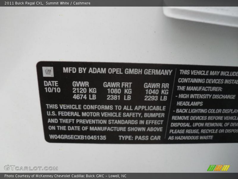 Info Tag of 2011 Regal CXL