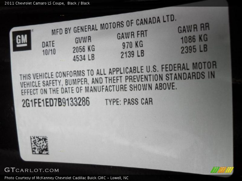 Info Tag of 2011 Camaro LS Coupe