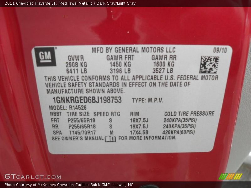 Red Jewel Metallic / Dark Gray/Light Gray 2011 Chevrolet Traverse LT