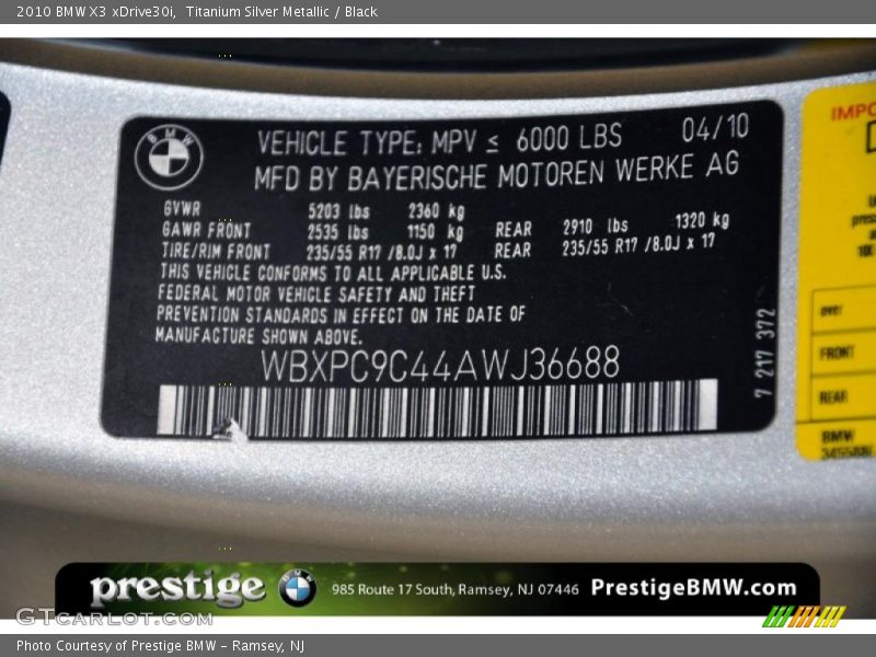 Titanium Silver Metallic / Black 2010 BMW X3 xDrive30i