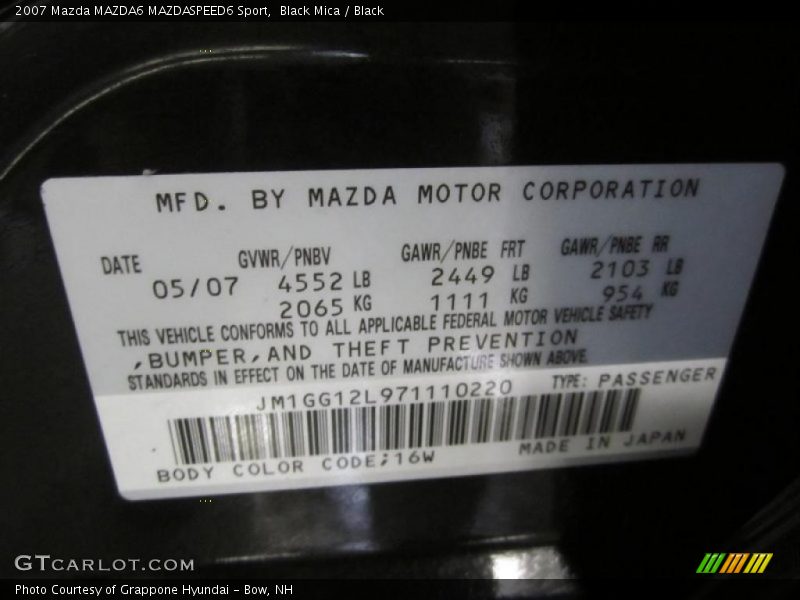 2007 MAZDA6 MAZDASPEED6 Sport Black Mica Color Code 16W