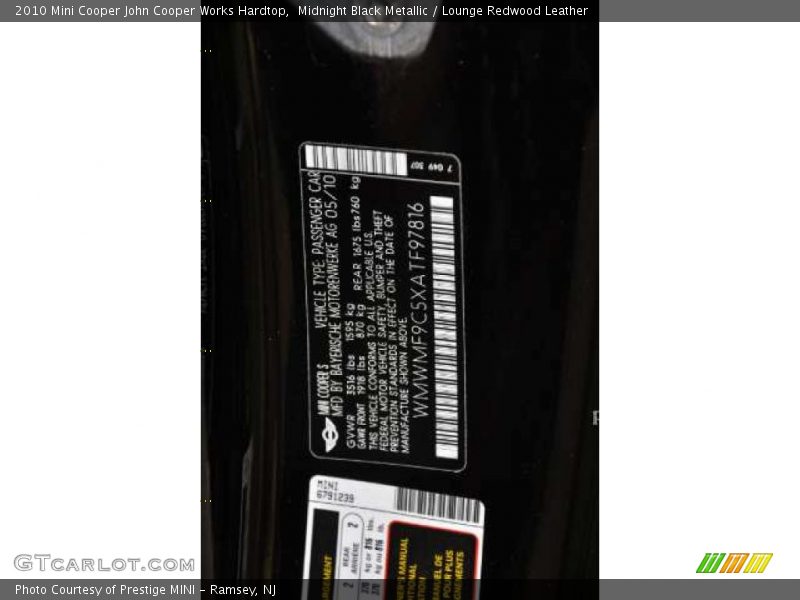 Midnight Black Metallic / Lounge Redwood Leather 2010 Mini Cooper John Cooper Works Hardtop