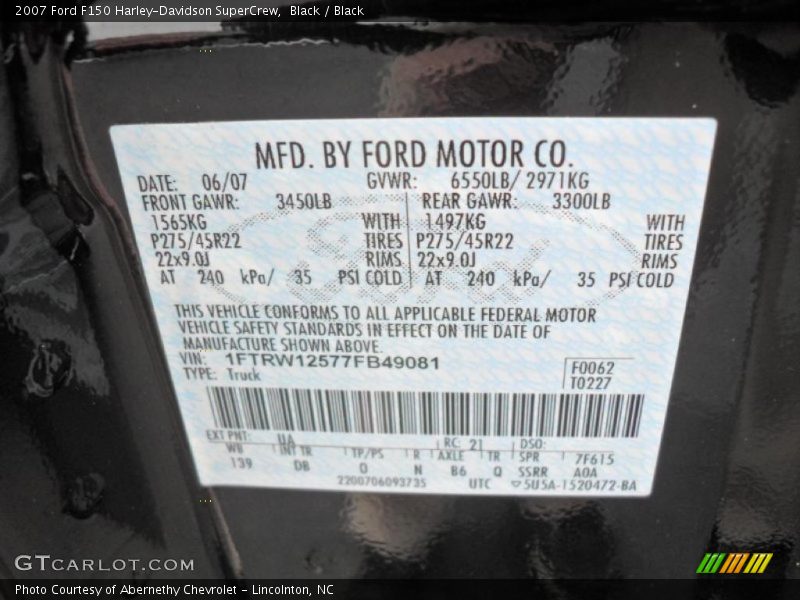 2007 F150 Harley-Davidson SuperCrew Black Color Code UA