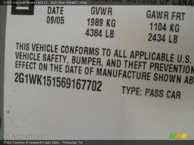 Dark Silver Metallic / Gray 2006 Chevrolet Monte Carlo LT