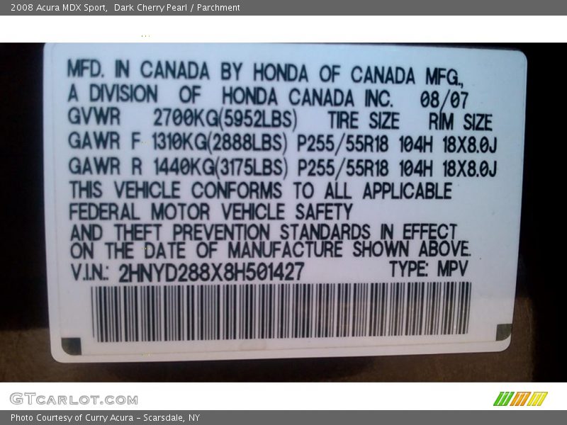 Info Tag of 2008 MDX Sport