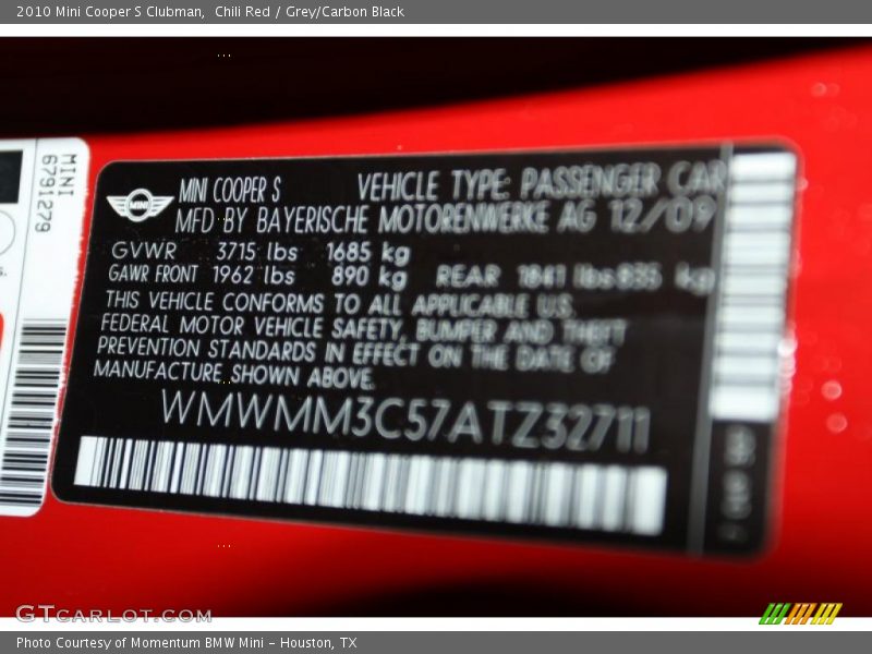 Chili Red / Grey/Carbon Black 2010 Mini Cooper S Clubman