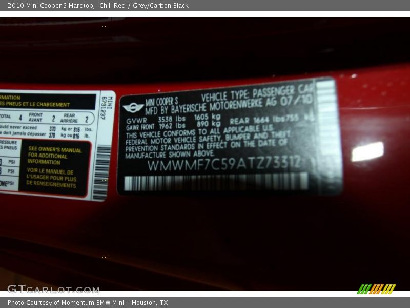 Chili Red / Grey/Carbon Black 2010 Mini Cooper S Hardtop