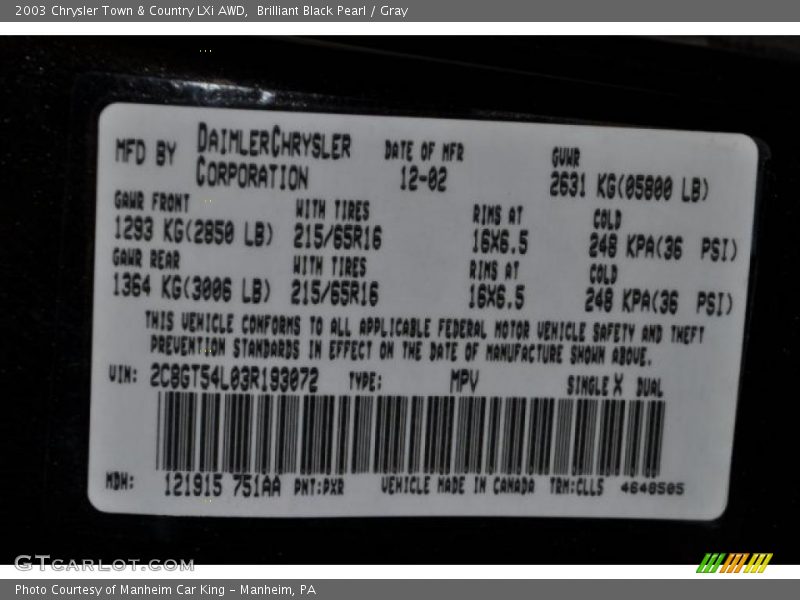 Brilliant Black Pearl / Gray 2003 Chrysler Town & Country LXi AWD