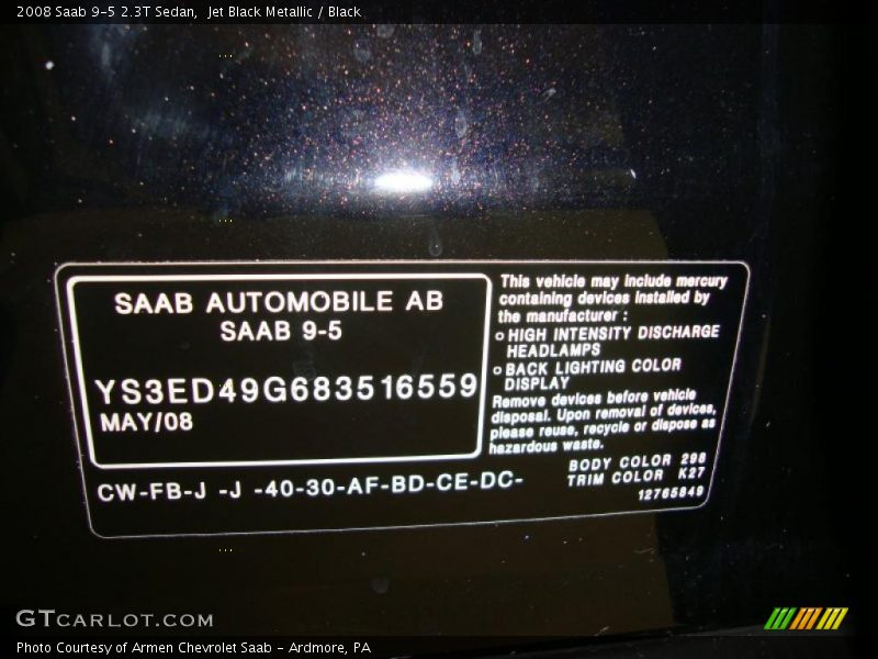 2008 9-5 2.3T Sedan Jet Black Metallic Color Code 298