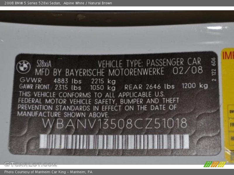 Alpine White / Natural Brown 2008 BMW 5 Series 528xi Sedan