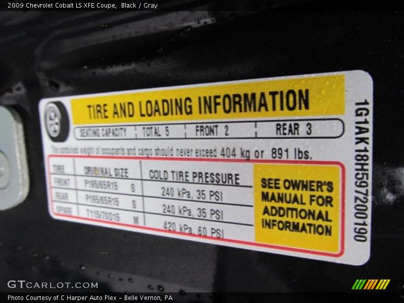 Info Tag of 2009 Cobalt LS XFE Coupe