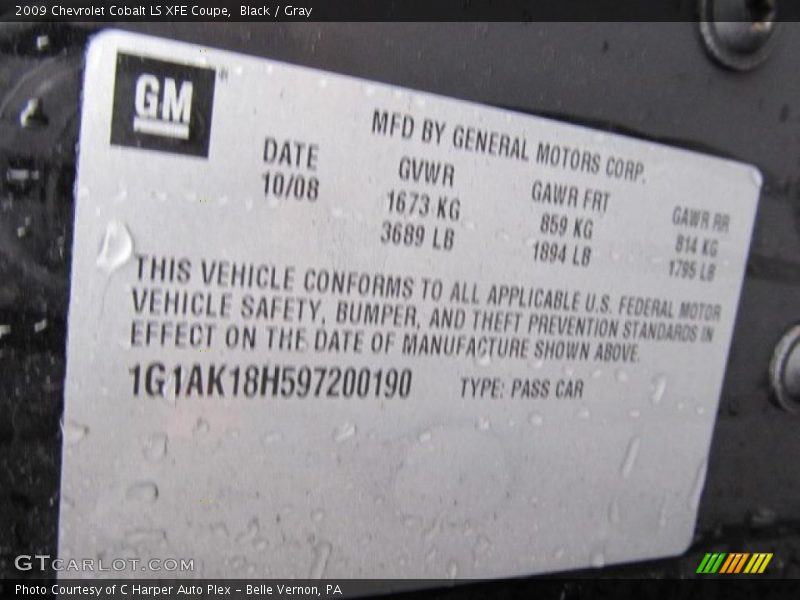 Info Tag of 2009 Cobalt LS XFE Coupe