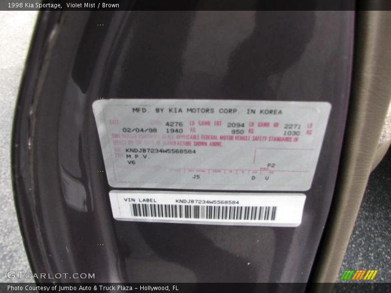 Info Tag of 1998 Sportage 