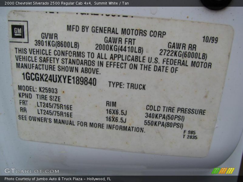 Summit White / Tan 2000 Chevrolet Silverado 2500 Regular Cab 4x4