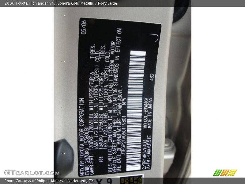 2006 Highlander V6 Sonora Gold Metallic Color Code 4R3