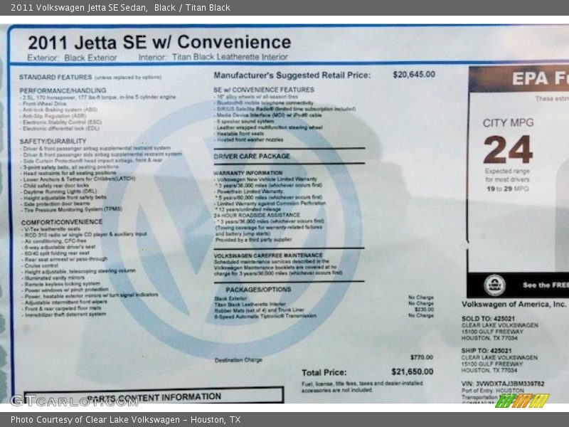  2011 Jetta SE Sedan Window Sticker