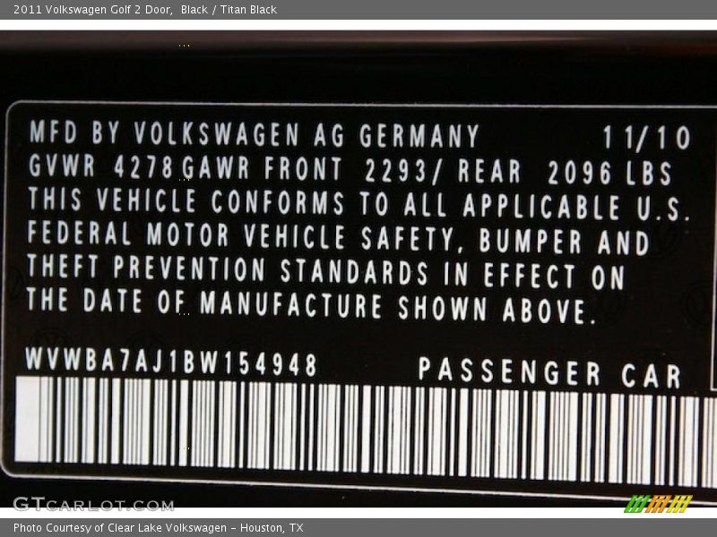 Black / Titan Black 2011 Volkswagen Golf 2 Door