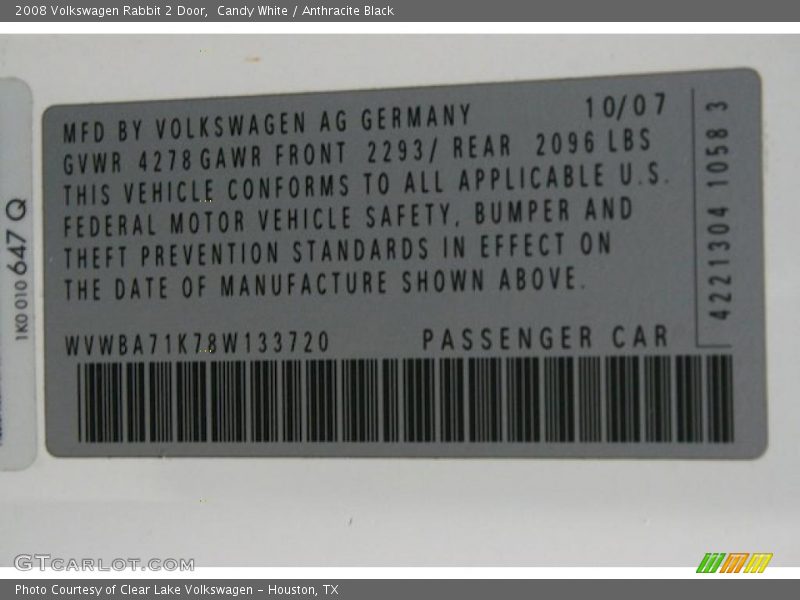 Candy White / Anthracite Black 2008 Volkswagen Rabbit 2 Door