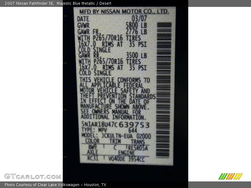 Majestic Blue Metallic / Desert 2007 Nissan Pathfinder SE
