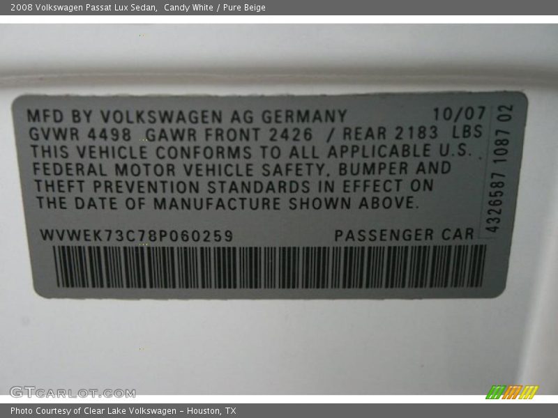 Candy White / Pure Beige 2008 Volkswagen Passat Lux Sedan