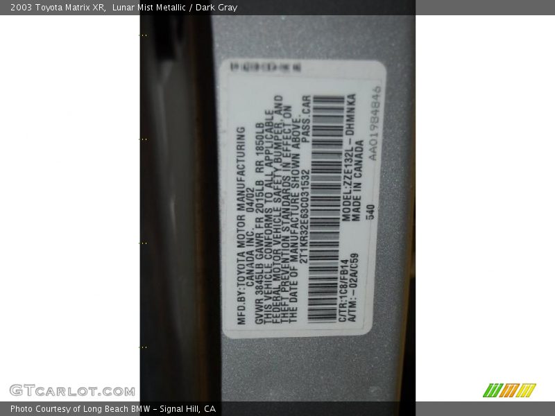Lunar Mist Metallic / Dark Gray 2003 Toyota Matrix XR