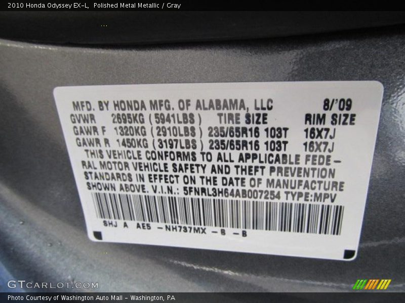 Polished Metal Metallic / Gray 2010 Honda Odyssey EX-L