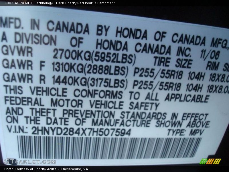 Dark Cherry Red Pearl / Parchment 2007 Acura MDX Technology