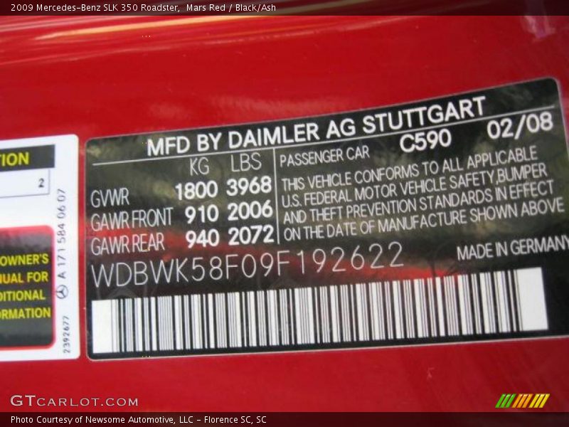 2009 SLK 350 Roadster Mars Red Color Code 590