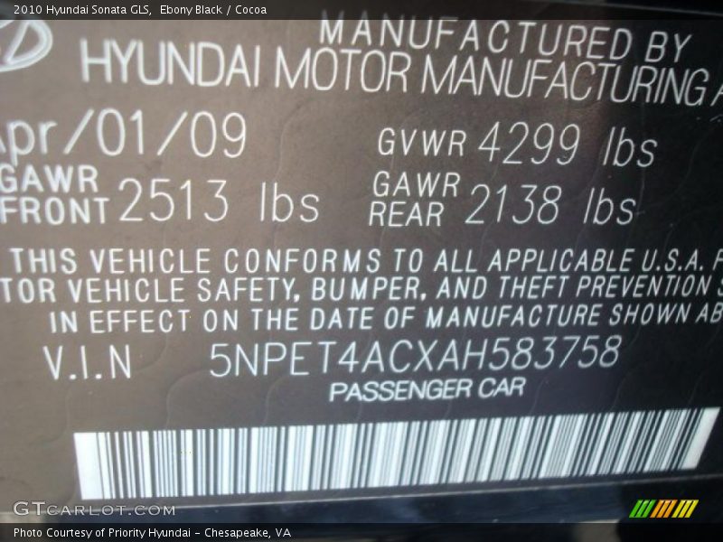 Ebony Black / Cocoa 2010 Hyundai Sonata GLS