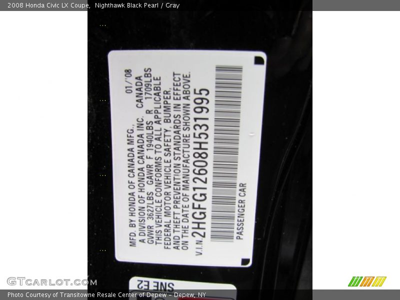 Nighthawk Black Pearl / Gray 2008 Honda Civic LX Coupe