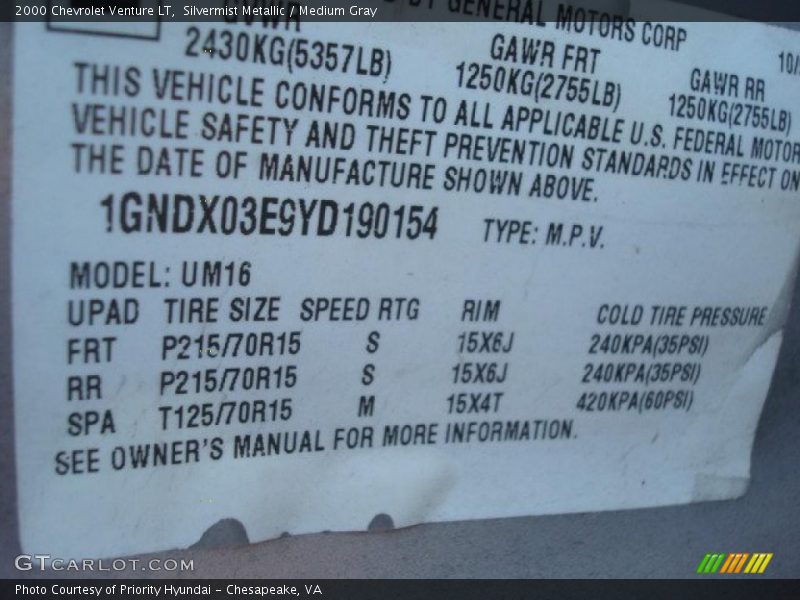 Silvermist Metallic / Medium Gray 2000 Chevrolet Venture LT