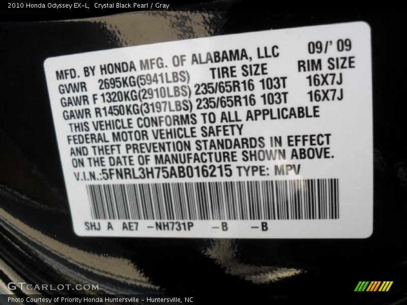 Crystal Black Pearl / Gray 2010 Honda Odyssey EX-L