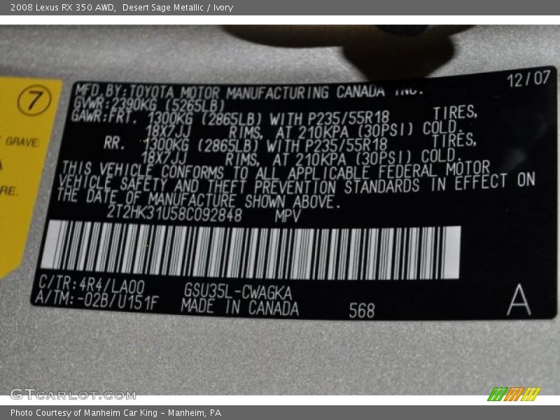 Desert Sage Metallic / Ivory 2008 Lexus RX 350 AWD