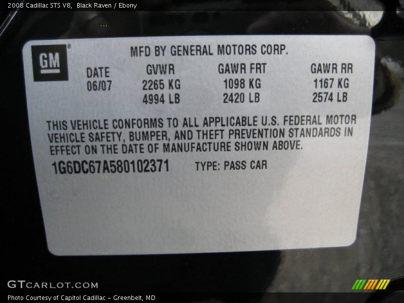 Info Tag of 2008 STS V8