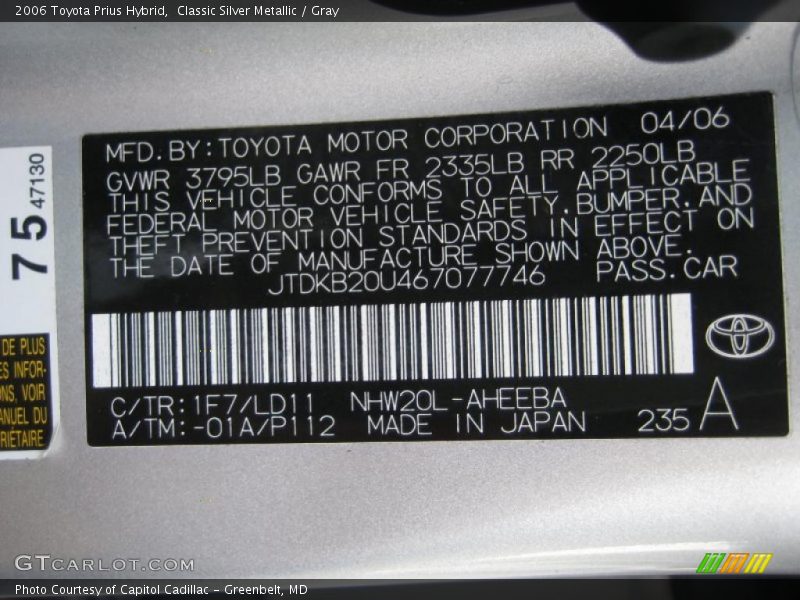 2006 Prius Hybrid Classic Silver Metallic Color Code 1F7